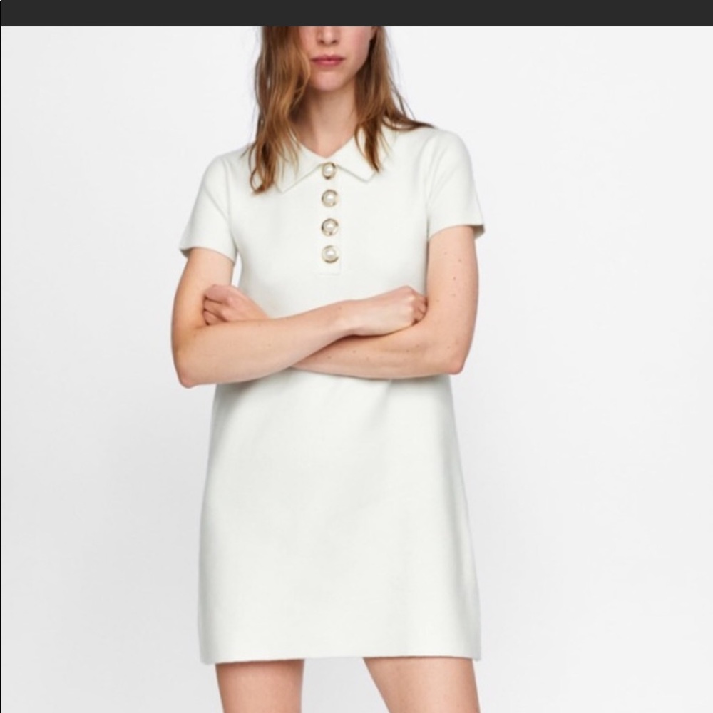Zara knit white dress with pearl buttons